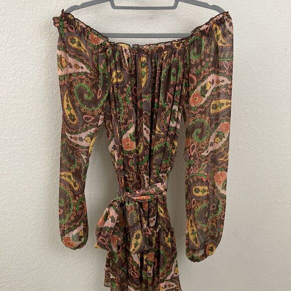 Vintage American Rag Paisley Off The Shoulder Mini Belted Dress size XS - Picture 2 of 11